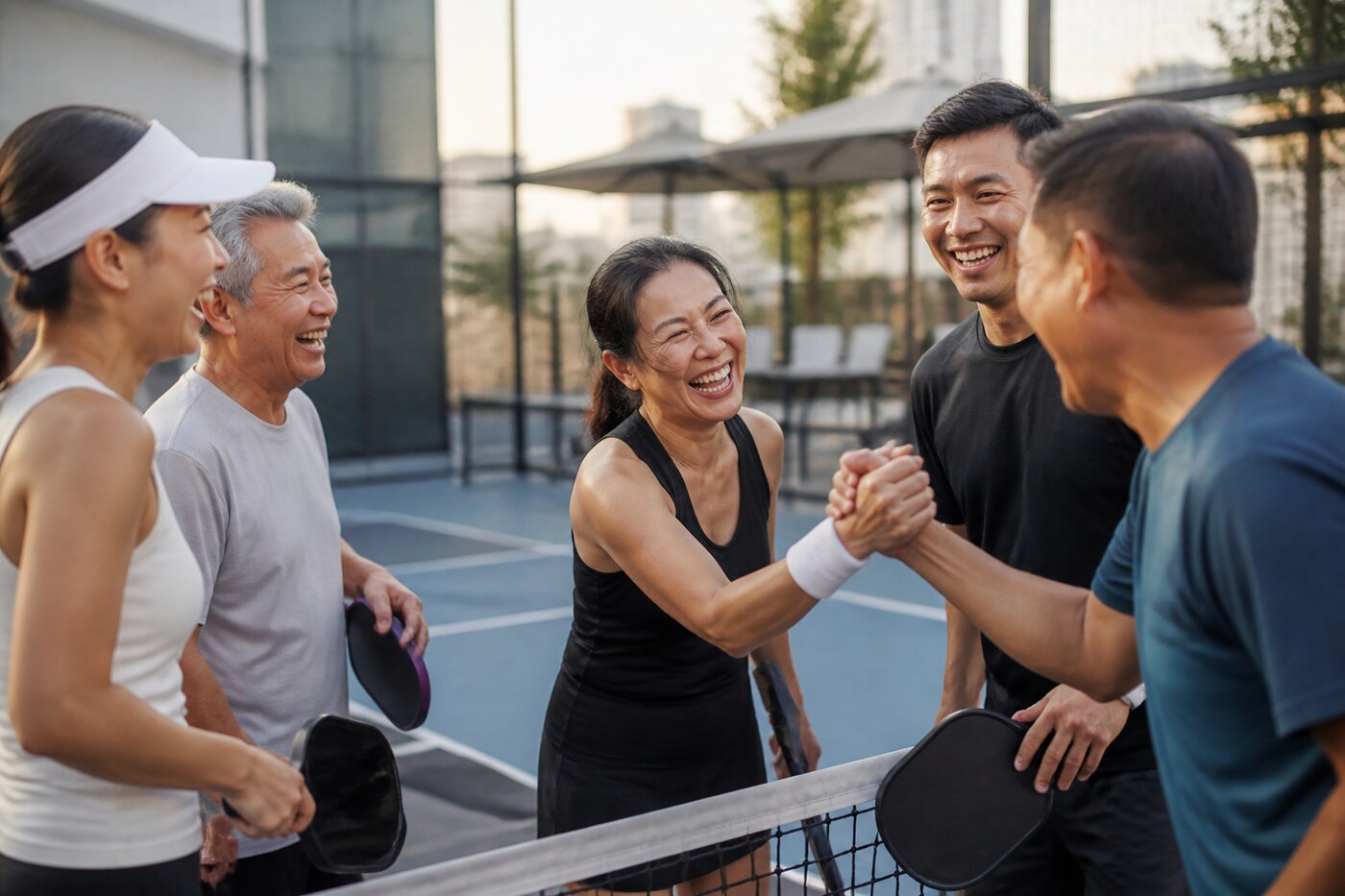 Pickleball players of mixed ages celebrating together after a game on a rooftop court in Asia