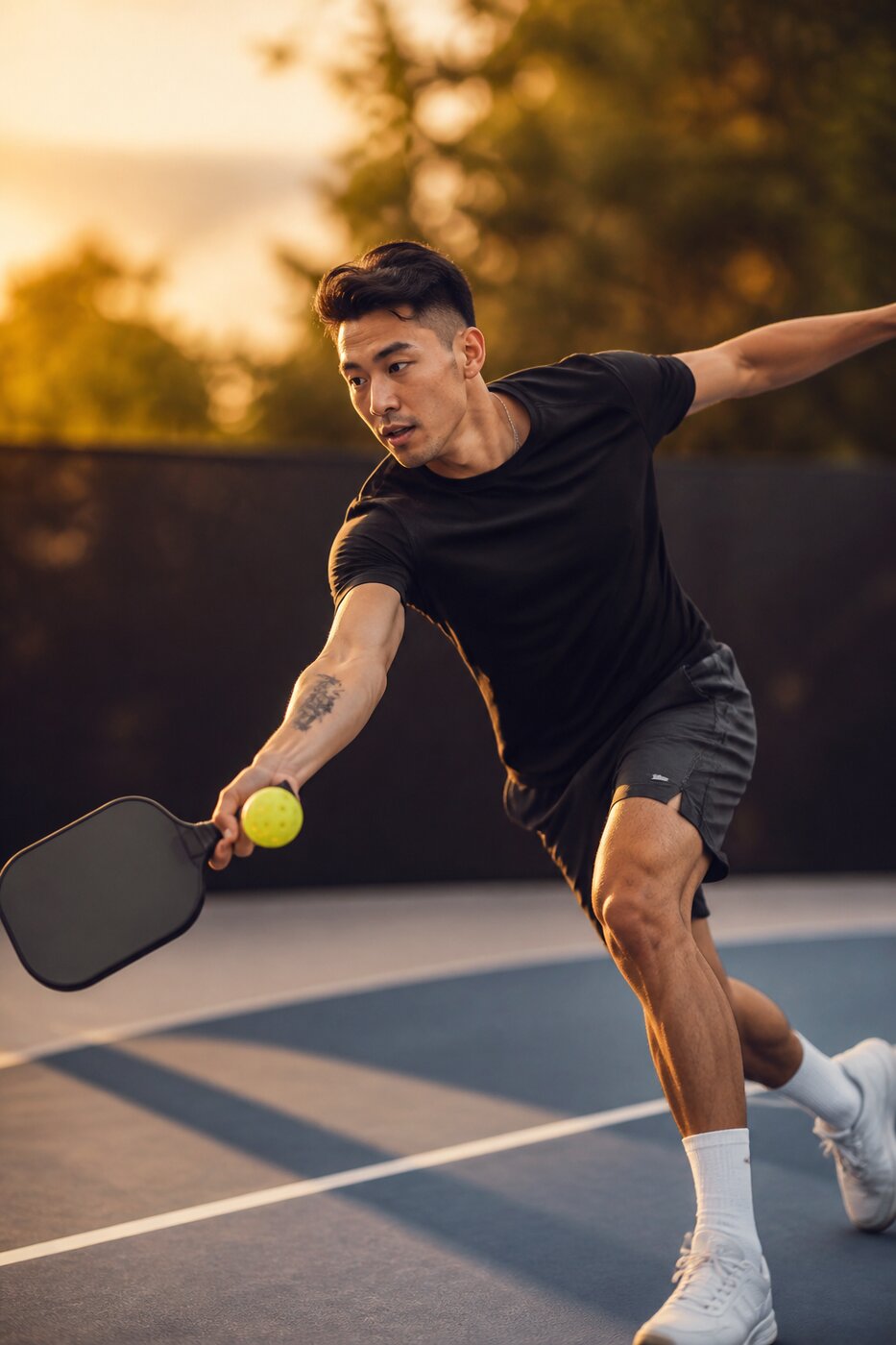 A pickleball player reaching for a shot at golden hour on an outdoor court in Asia